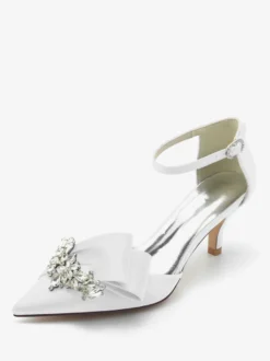 Chaussures De Mariage En Satin Bout Pointu Nœud Strass Talon Chaton Escarpins De Mariée