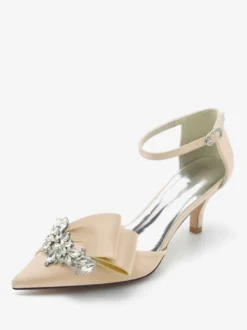 Chaussures De Mariage En Satin Bout Pointu Nœud Strass Talon Chaton Escarpins De Mariée