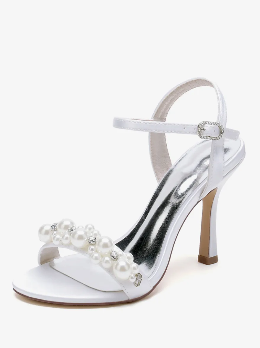 Chaussures de mariage en satin blanc strass sandales de mariage à bout ouvert