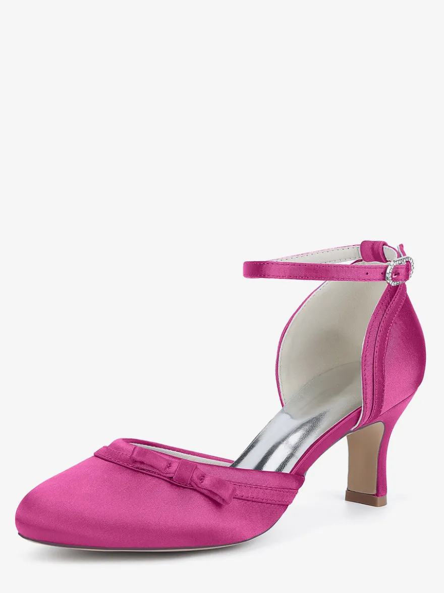 Chaussures de mariage en satin à talon chaton et bout rond avec nœud