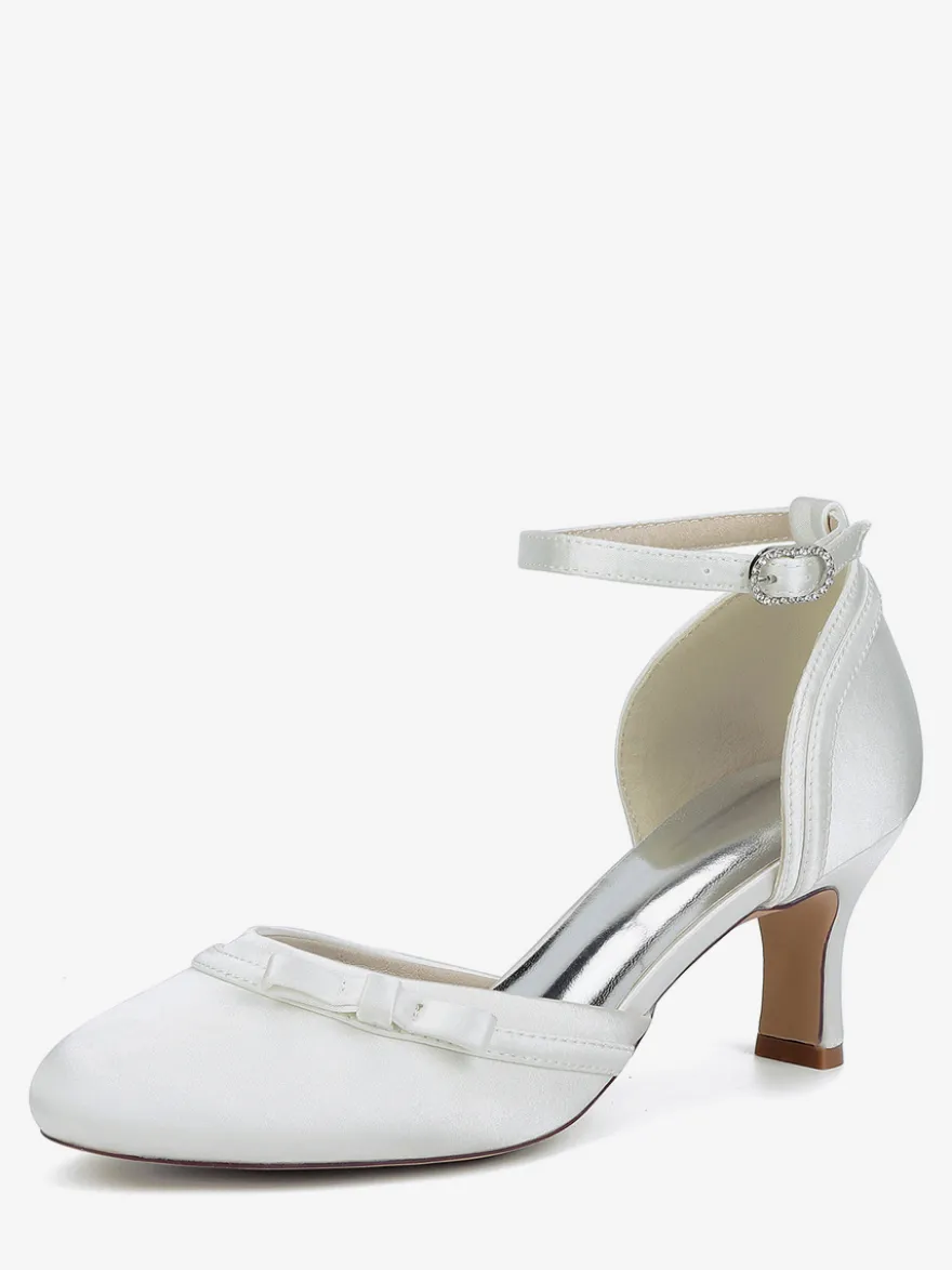 Chaussures de mariage en satin à talon chaton et bout rond avec nœud