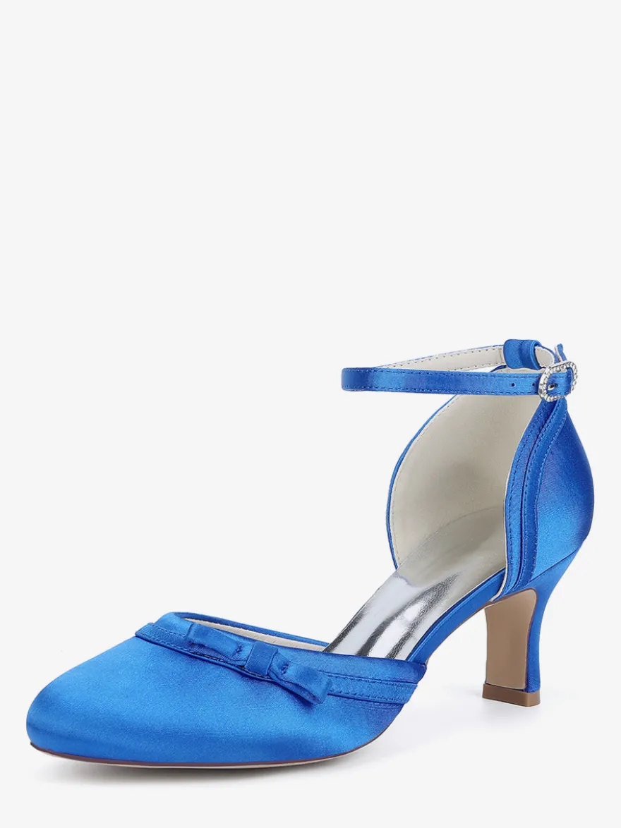 Chaussures de mariage en satin à talon chaton et bout rond avec nœud
