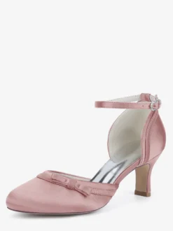 Chaussures de mariage en satin à talon chaton et bout rond avec nœud