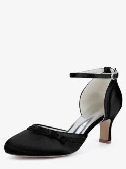 Chaussures de mariage en satin à talon chaton et bout rond avec nœud