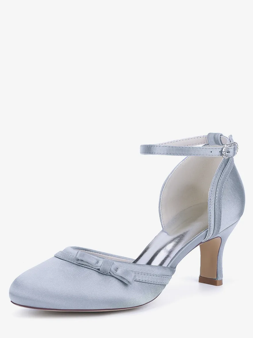 Chaussures de mariage en satin à talon chaton et bout rond avec nœud