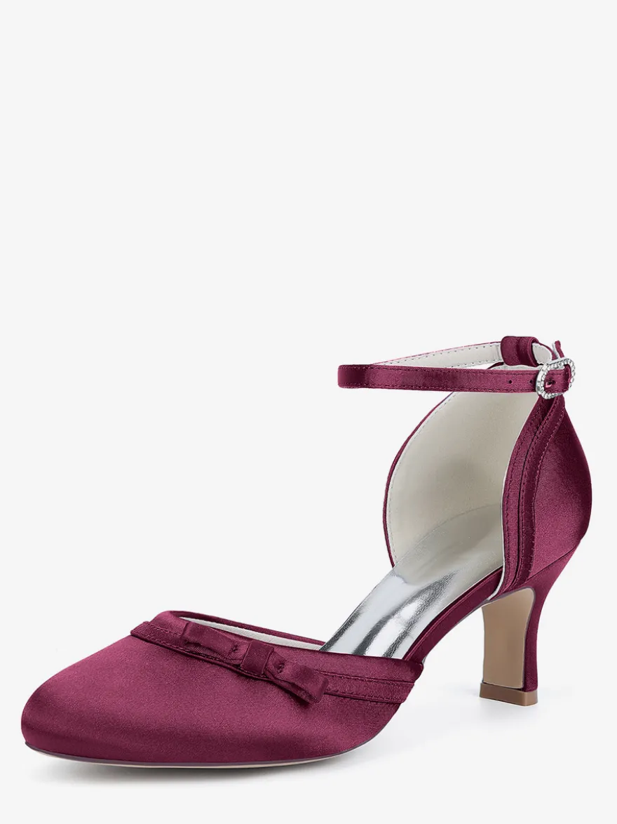 Chaussures de mariage en satin à talon chaton et bout rond avec nœud