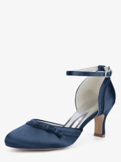 Chaussures de mariage en satin à talon chaton et bout rond avec nœud