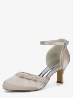 Chaussures de mariage en satin à talon chaton et bout rond avec nœud