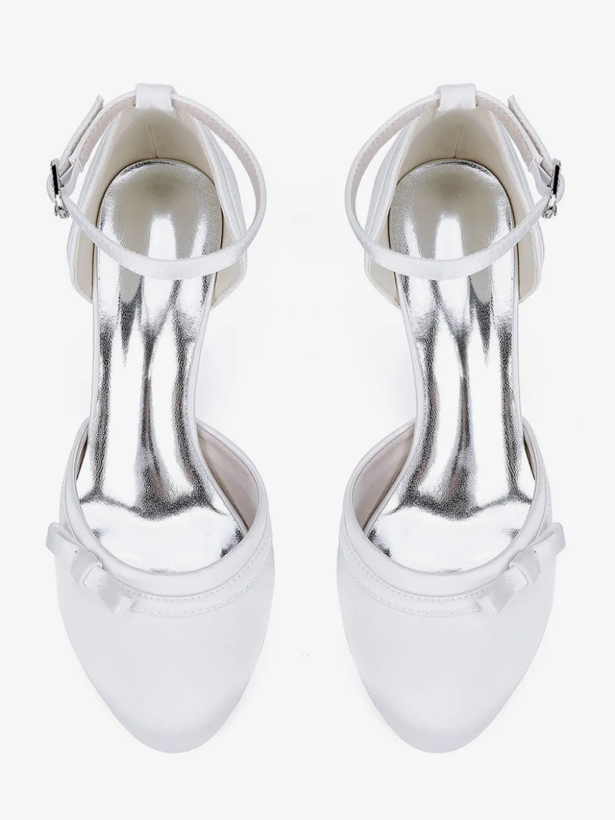 Chaussures de mariage en satin à talon chaton et bout rond avec nœud