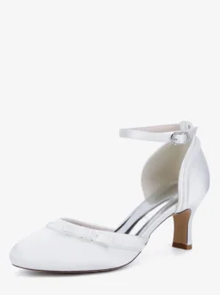 Chaussures de mariage en satin à talon chaton et bout rond avec nœud
