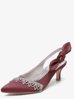Chaussures de mariage en satin à bout pointu et strass nœud escarpins à bride arrière