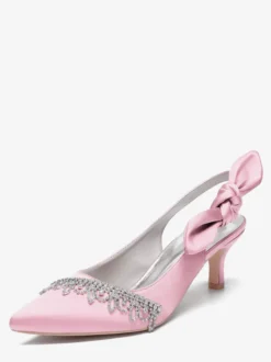 Chaussures de mariage en satin à bout pointu et strass nœud escarpins à bride arrière