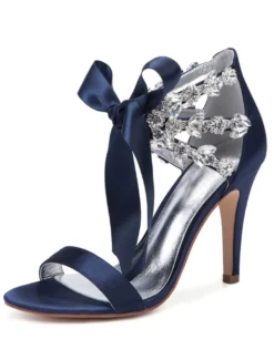 Chaussures de mariage en satin rouge strass bout ouvert lacets chaussures de mariée sandales à talons hauts