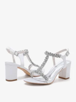 Chaussures de mariage en satin à talons épais et strass avec bride en T