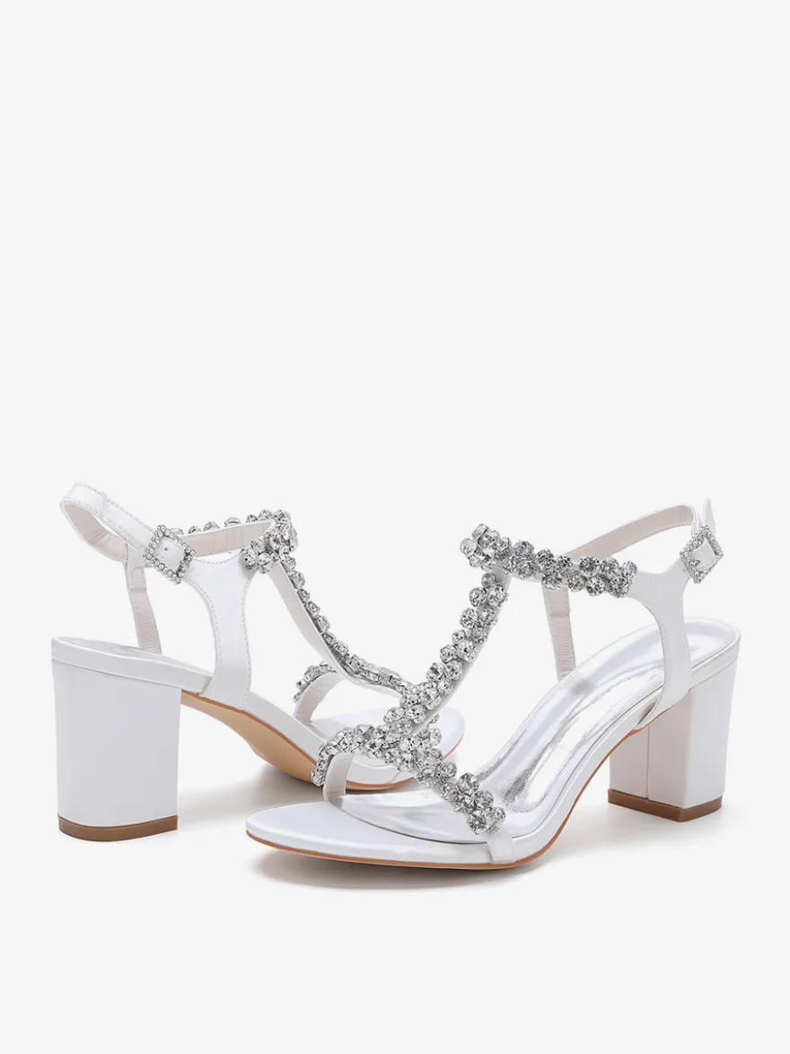 Chaussures de mariage en satin à talons épais et strass avec bride en T