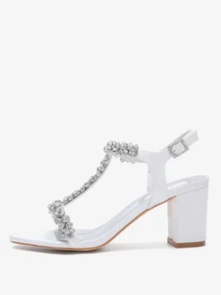Chaussures de mariage en satin à talons épais et strass avec bride en T
