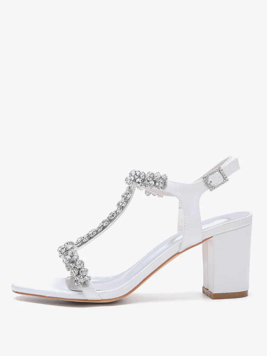 Chaussures de mariage en satin à talons épais et strass avec bride en T