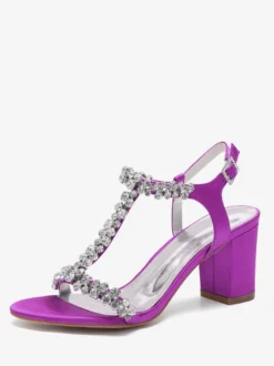 Chaussures de mariage en satin à talons épais et strass avec bride en T