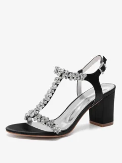 Chaussures de mariage en satin à talons épais et strass avec bride en T