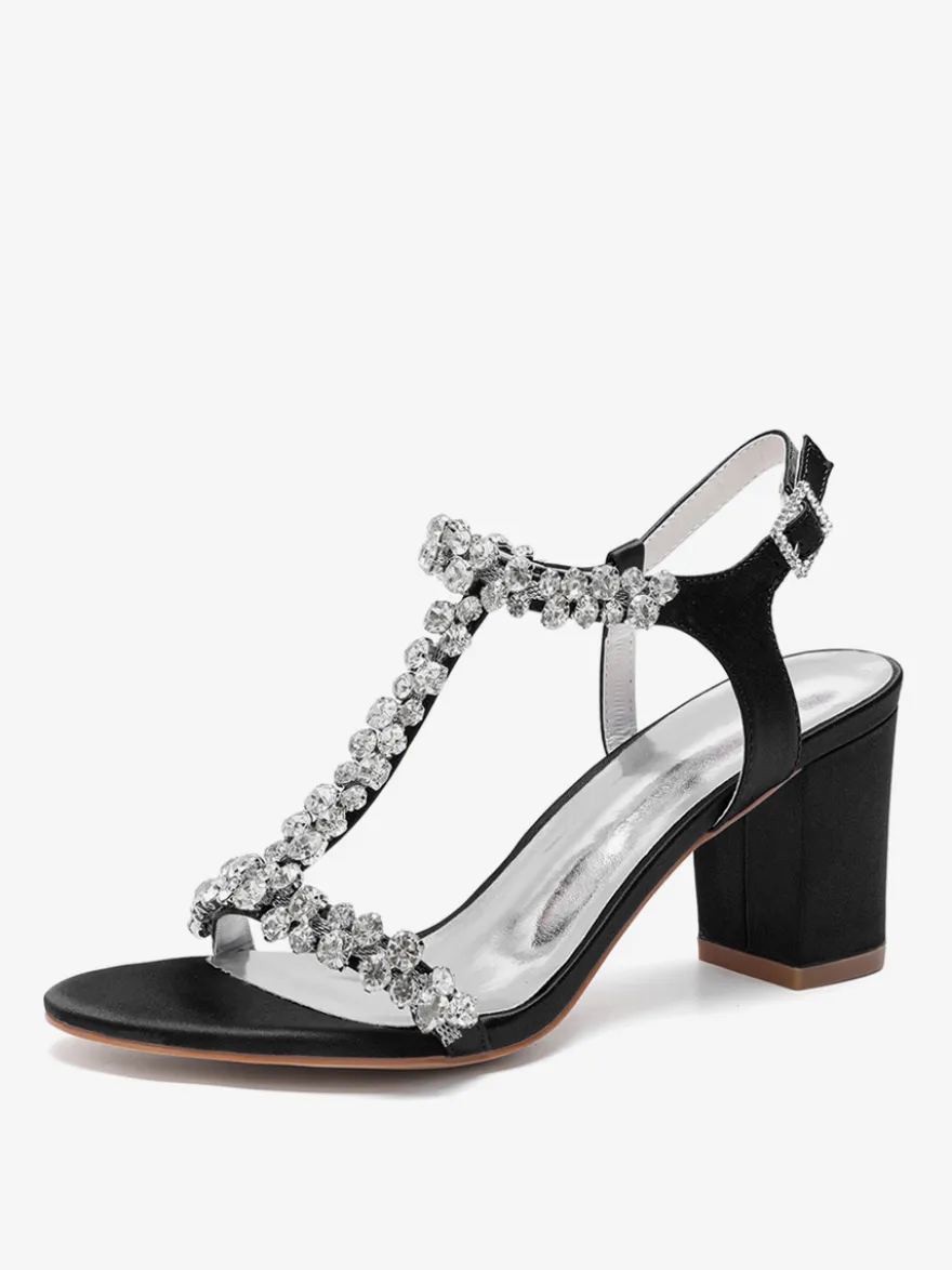Chaussures de mariage en satin à talons épais et strass avec bride en T