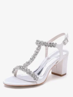 Chaussures de mariage en satin à talons épais et strass avec bride en T