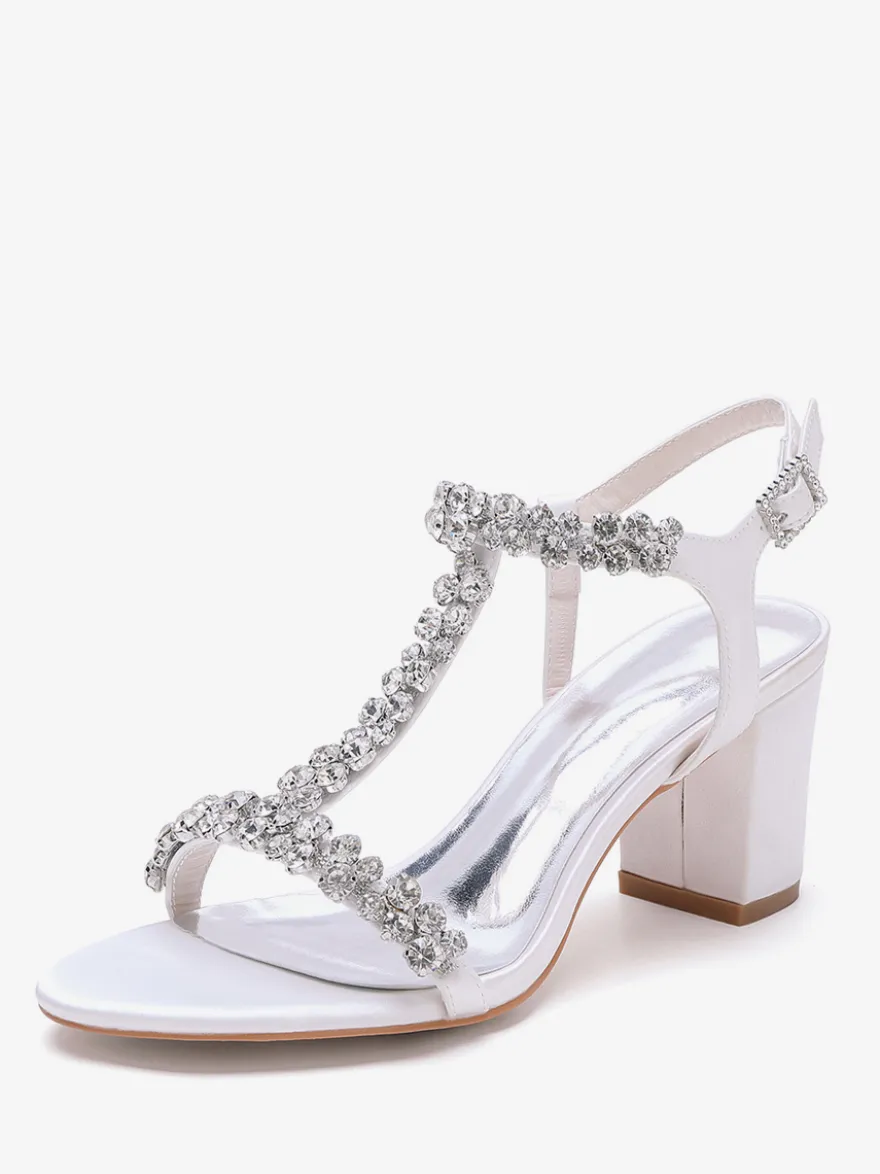 Chaussures de mariage en satin à talons épais et strass avec bride en T
