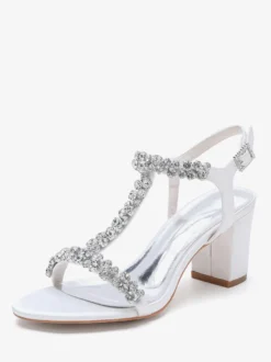 Chaussures de mariage en satin à talons épais et strass avec bride en T