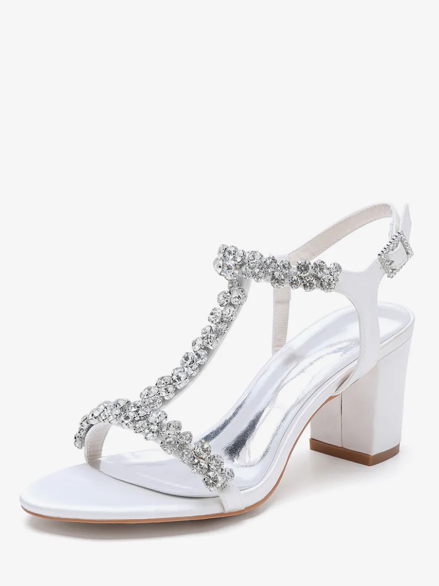 Chaussures de mariage en satin à talons épais et strass avec bride en T