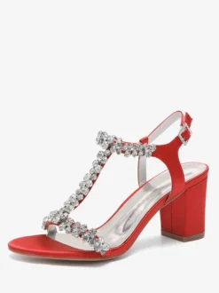 Chaussures de mariage en satin à talons épais et strass avec bride en T