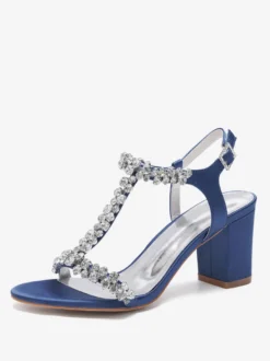 Chaussures de mariage en satin à talons épais et strass avec bride en T
