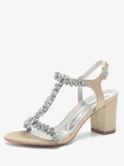 Chaussures de mariage en satin à talons épais et strass avec bride en T