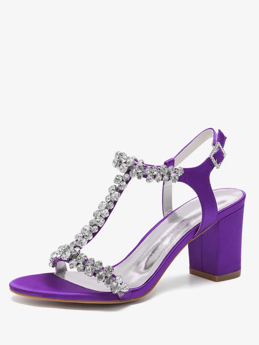 Chaussures de mariage en satin à talons épais et strass avec bride en T