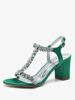 Chaussures de mariage en satin à talons épais et strass avec bride en T