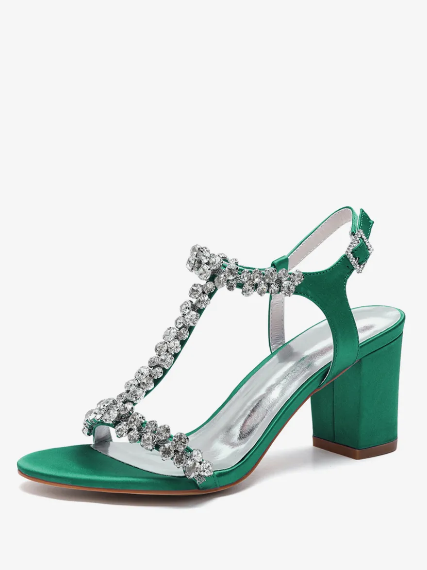Chaussures de mariage en satin à talons épais et strass avec bride en T