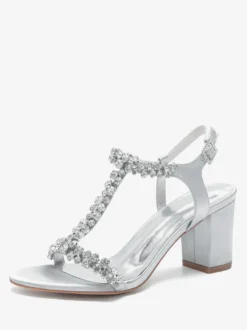 Chaussures de mariage en satin à talons épais et strass avec bride en T