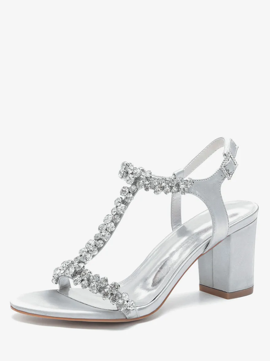 Chaussures de mariage en satin à talons épais et strass avec bride en T