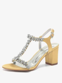 Chaussures de mariage en satin à talons épais et strass avec bride en T