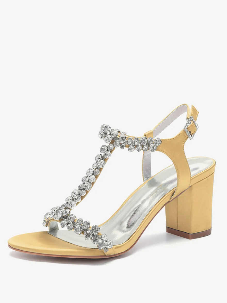 Chaussures de mariage en satin à talons épais et strass avec bride en T