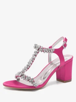Chaussures de mariage en satin à talons épais et strass avec bride en T