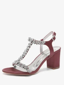 Chaussures de mariage en satin à talons épais et strass avec bride en T