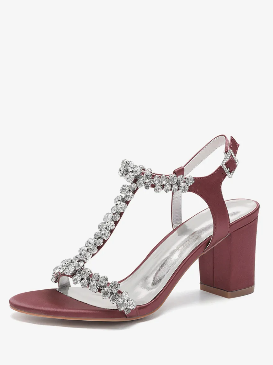 Chaussures de mariage en satin à talons épais et strass avec bride en T