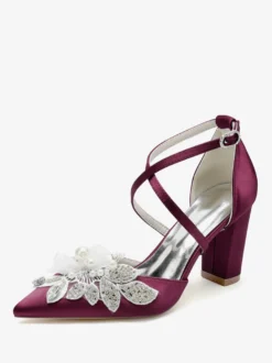 Chaussures De Mariage Escarpins De Mariée Satin Bout Pointu Strass Perle À Talon