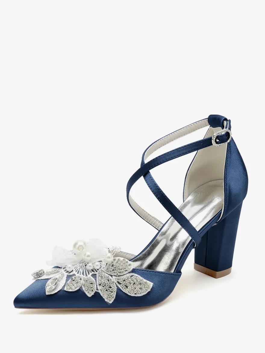 Chaussures De Mariage Escarpins De Mariée Satin Bout Pointu Strass Perle À Talon