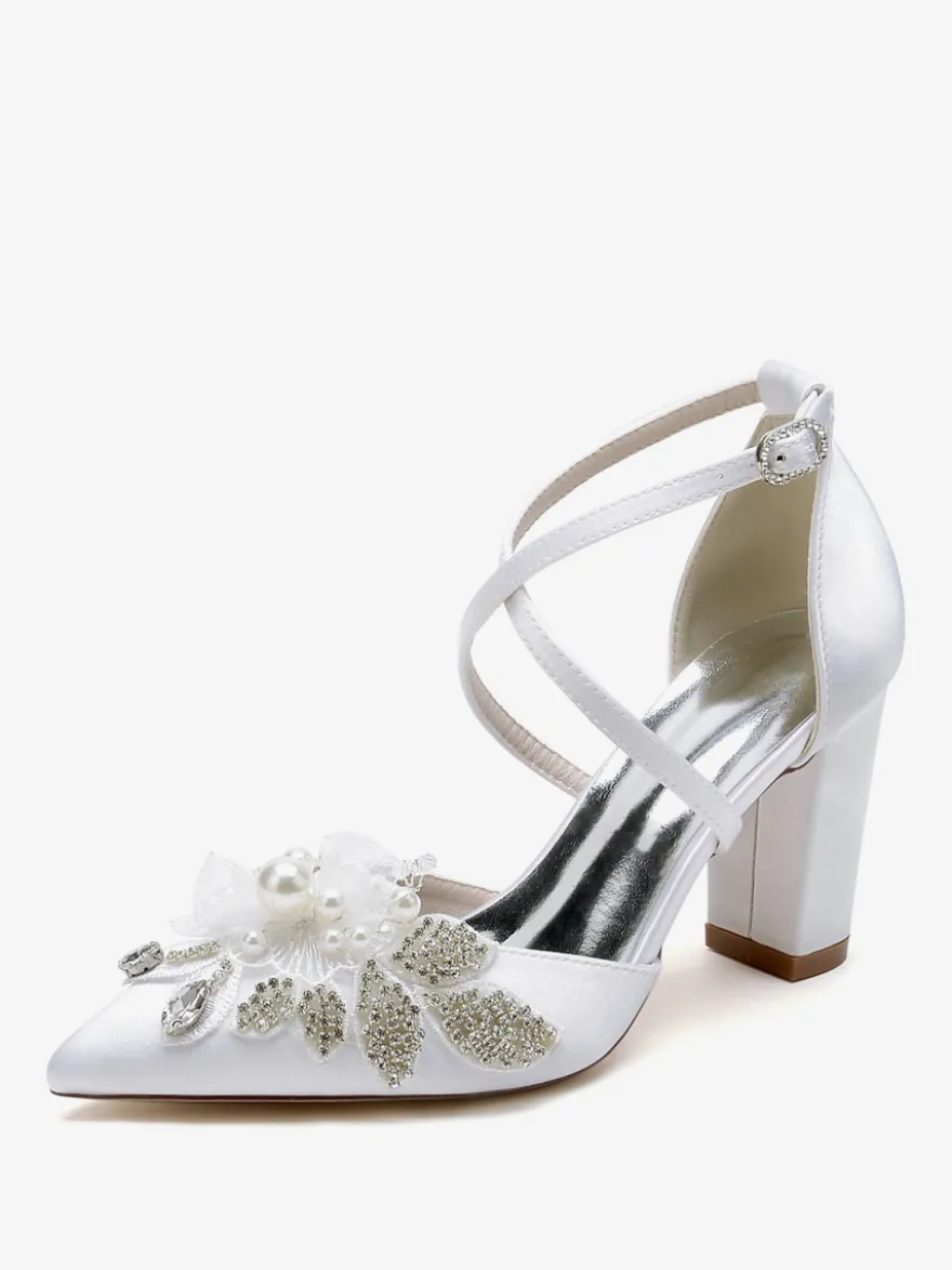 Chaussures De Mariage Escarpins De Mariée Satin Bout Pointu Strass Perle À Talon