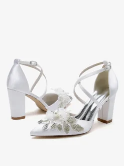 Chaussures De Mariage Escarpins De Mariée Satin Bout Pointu Strass Perle À Talon
