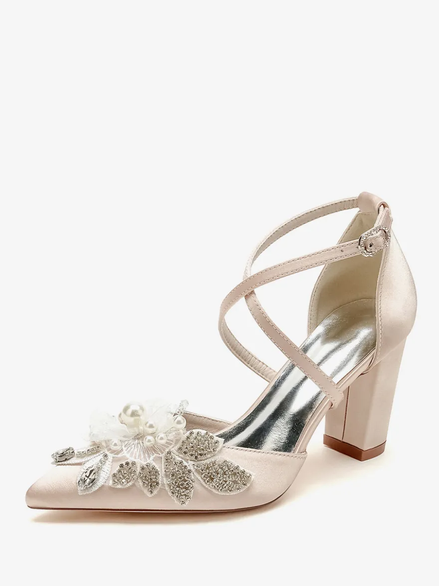 Chaussures De Mariage Escarpins De Mariée Satin Bout Pointu Strass Perle À Talon