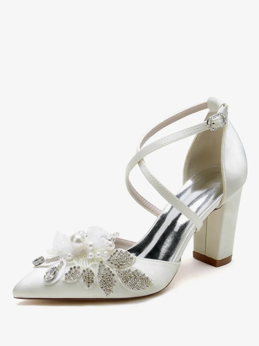 Chaussures De Mariage Escarpins De Mariée Satin Bout Pointu Strass Perle À Talon