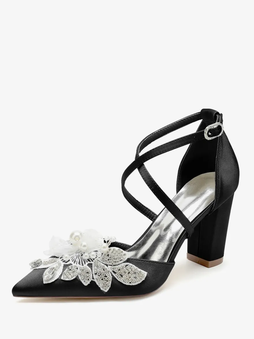 Chaussures De Mariage Escarpins De Mariée Satin Bout Pointu Strass Perle À Talon