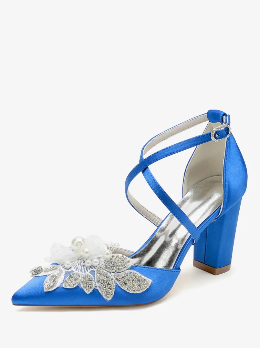 Chaussures De Mariage Escarpins De Mariée Satin Bout Pointu Strass Perle À Talon