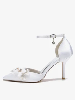 Chaussures De Mariage Escarpins De Mariée Fleur Bride En Satin À Bout Pointu